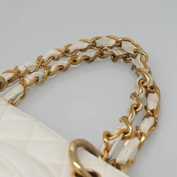 CHANEL COCO Mark Chain Hand Bag Grained Calf Skin White Gold CC Auth gh687 - Picture 9 of 16